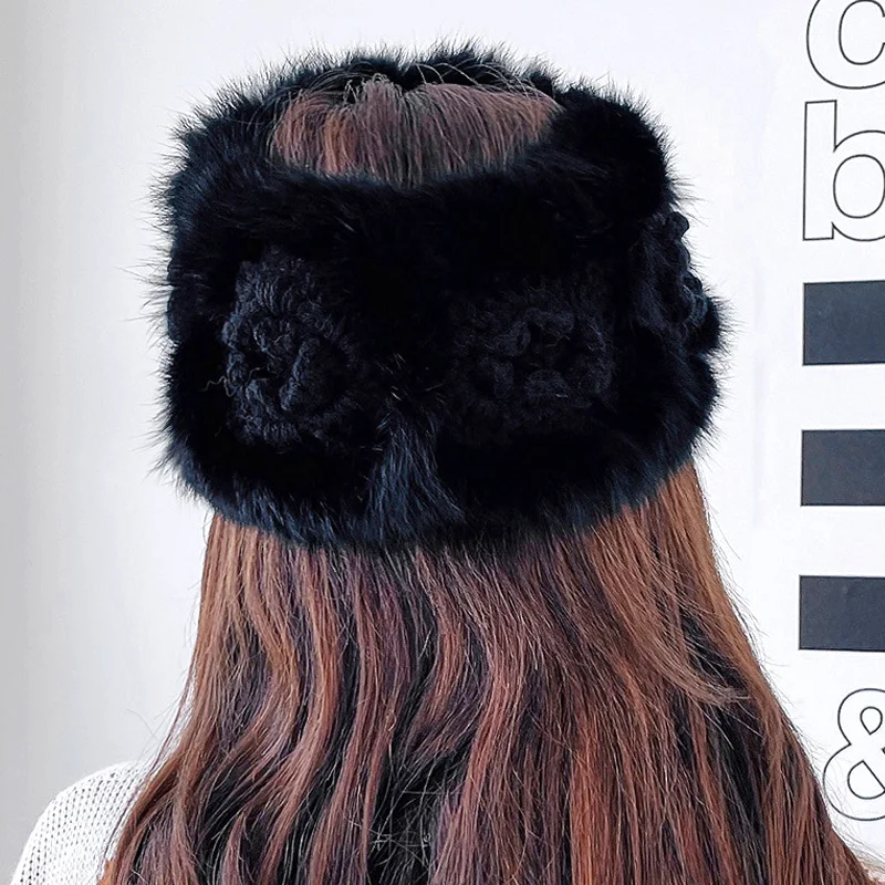 Crochê Pele Do Coelho Cabeça Peluda De Inverno Orelha Quente Turbante Exterior Moda Grande Quebra Cabeça Headbands Mulheres Casual Dirigido Chapéu