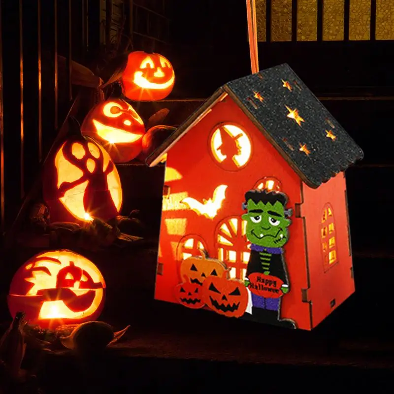 Halloween Mini Casa Com Luz Alimentado Por Bateria De Madeira De Abóbora Luzes Feliz Festa De Halloween Ornamento De Suspensão