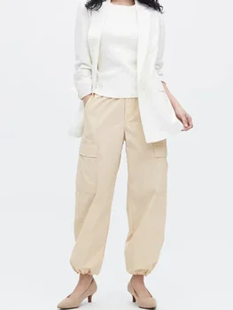 2023 Verão, Outono, Mulheres de Calças Casuais, Calças Cargo Fina coreano Moda Cintura Elástica com Cordão Pés Bolso de Calças de Mulher