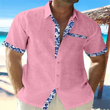 2024 Verão dos Homens de Moda Havaiana Camisa de Linho, masculina Casual Laço de Impressão Praia Bolso Manga Curta Tamanho Grande Casaco de 7 Cores