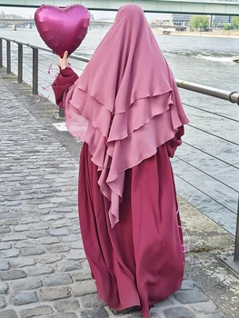 3 Camadas Longo Khimar Ramdan Muçulmano De Eid Longo Hijab Headcarf Mulheres De Uma Peça Jubha Islâmica Sobrecarga Hijabs Oração Do Vestuário