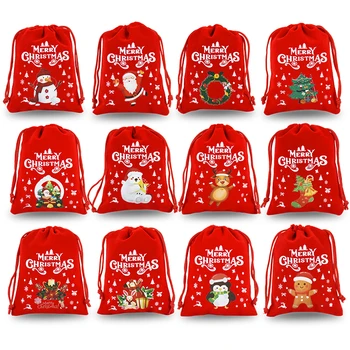 5Pcs 12x9cm Feliz Natal Sacos de Veludo Vermelho Calendário do Advento Presentes de Natal Doces Sacos de Cordão Bolsa de Jóias de Embalagem Saco de Armazenamento
