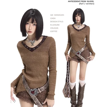 A Moda De Blusas De Malha Mulheres De Outono Inverno Pulôveres Feminino Coreano De Manga Longa De Malha, Tops Elegante Decote Em V Solto Jumper