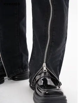 American Retro Cintura Alta em linha Reta com Zíper Preto Calças Jeans feminina Casual Folgado Y2K de Perna Larga Grunge Streetwear Calças Jeans