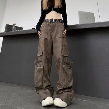 American Retro Vestuário de trabalho Calças para Mulheres 2024 Outono Rua Nova do Hip-hop Solta a Perna Reta Wide Leg Pants