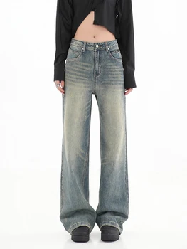 As mulheres do Vintage Azul Perna Reta Jeans Harajuku da década de 2000 Cintura Alta Jeans, Calças de Y2k Moda Grande Perna de Cowboy, Calça de Roupas 2023