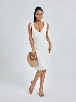 As mulheres s de Verão Casual, Vestido Curto Branco sem Mangas, Decote em V Bordado Floral Vestido de Praia