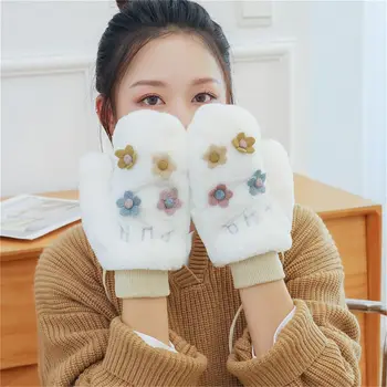 Bonito Kawaii Engrossar Pelúcia Cheio De Dedos Exterior Mulheres Luvas De Inverno Coreano Luvas De Pendurar As Luvas Da Flor