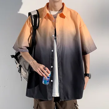 Camisa dos homens do Verão Nova Cor do Gradiente de Luz Respirável Hong Kong Estilo Curto Topo de Alto Grau de Sensação de Frio Camisa de Manga Curta, Pelagem