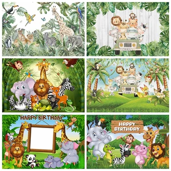 Cartoon Safari Animais De Festa De Aniversário Foto BackdropTropical Selva Do Chuveiro De Bebê Personalizado Faixa De Fotografia De Fundo
