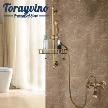 Conjunto de chuveiro de casa de banho chuveiro com Prateleira de Bronze de bronze antigo torneira misturadora de Parede pulverizador de mão chuveiro e torneira da banheira