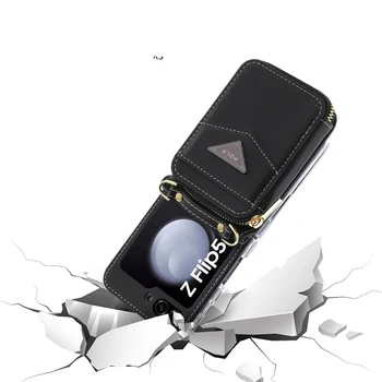 Cor sólida Couro Zíper Carteira de Telefone Case Para Samsung Galaxy Z Flip 5 Multifuncional de Choque à prova de Dobramento Capa Protetora