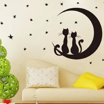Criativos adesivos casal de gato na lua de autocolantes de parede murais de estilo Nórdico para salas de estar do quarto diy, decoração de papel de parede