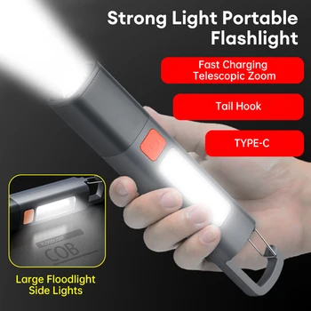 DIODO emissor de Luz da Tocha XPE Lanterna Super Brilhante com Gancho de Campismo Luz Recarregável USB Zoomable Impermeável