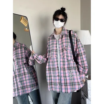 Do Vintage das Mulheres Camisa Xadrez coreano Moda Oversized Blusas de Manga Longa Verde Tops Femininos Streetwear Botão de Harajuku