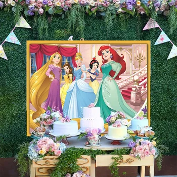 Dos Desenhos Animados De Disney Princesa Cinderela, A Pequena Sereia Ariel Enrolados Rapunzel Pano De Fundo Feliz Festa De Aniversário, Decoração De Fundo