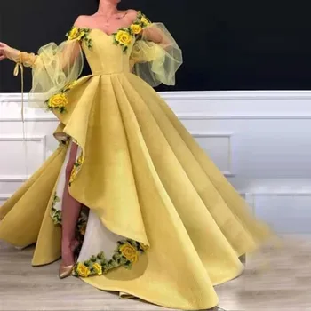 Elegante amarelo 3D de bordado floral vestido com colete de cetim fenda do assoalho-comprimento cocktail vestido de noite para mulheres فساتين للحفلات الراق