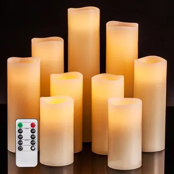Flameless Velas Conjunto De 9 Marfim Dripless Real, Cera Pilares Incluem Realista Pavio LED Chamas e 1 Controle Remoto