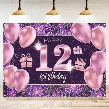 Fotografia pano de Fundo Feliz Aniversário de 12 anos do Partido Banner de Fundo Decorações Balão de Suprimentos Para a Menina - Rosa Roxo de Ouro Cartaz
