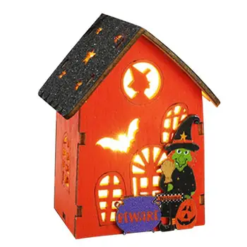 Halloween Mini Casa Com Luz Alimentado Por Bateria De Madeira De Abóbora Luzes Feliz Festa De Halloween Ornamento De Suspensão