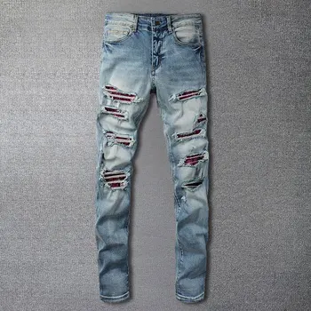 Hip Hop Contrastantes De Pedra De Strass De Costura De Retalhos Rasgado Projeto Do Furo Alongado Calças Jeans Pantalon Vaqueros Hombre