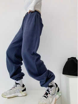 HOUZHOU Sólido Calça para Mulheres de Cinza Cintura Alta Largura de Perna Calças Corredores Casuais Largas, Verde, Azul, Calças Esportivas coreano Moda