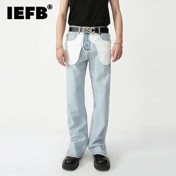 IEFB vestuário masculino Novo Estilo Jeans Personalidade Bolso Rollover Design Dividir Reta Jeans Calça de Moda Contraste de Cores de Calças 9S5