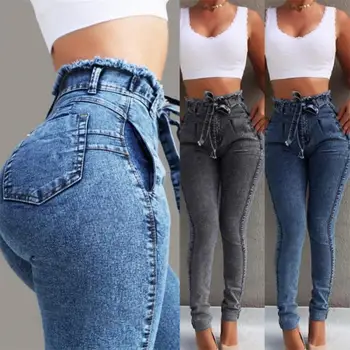 Jeans Longa Plus Size, Moda Cintura Alta Jeans Skinny Mulheres Calças Quente Com Cinto Trecho Trecho