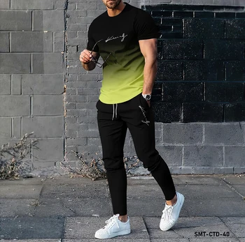 Letras personalizadas emparelhado com gradiente de padrões impressos em 3D de moda manga curta T-shirt e calças de duas peças de vestuário para homem