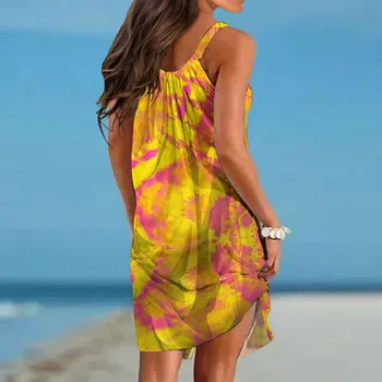 Mulheres de Verão de Praia Vestidos de Primavera bandhnu de Impressão Sexy, Solto, Vestido de Balanço de Capa sem Mangas Até Casual Boho Vestido de Férias