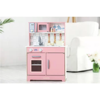 Multifuncional cor-de-rosa roleplay fogão forno de armários de cozinha cozinha de brinquedo ferramenta tabela montessori cozinha conjuntos de brinquedos de madeira de ensino
