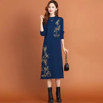 Nova Impressão Inferior do Vestido de Mulher coreano Elegante Casual Pulôver de Outono e de Inverno de Espessura Quente Médio Comprimento de Lã Z3