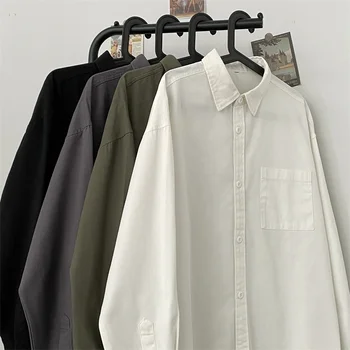 O japonês da Cor Sólida Lapela Assentamento Camisas para Homens da High-end Americano Casual Camadas de mangas compridas Casais Único Breasted Camisa