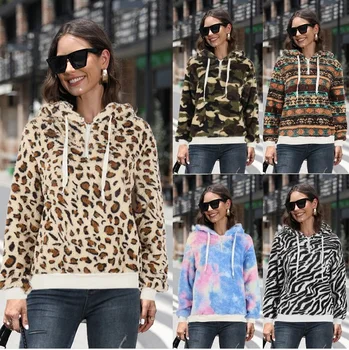 outono inverno de grandes dimensões Leopard hoodies mulheres fleece do hoodie da camuflagem tingido de suor femme manga longa com capuz casaco