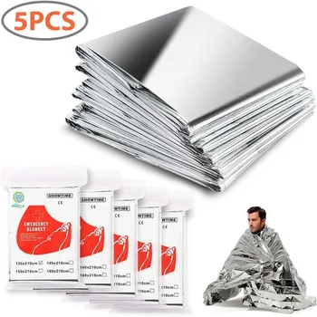 Pack De 5 De Emergência Cobertor Térmico De Mylar Espaço Cobertor Folha De Prata Cobertor Cobertor De Sobrevivência À Prova De Vento, Impermeável Equipamentos De Sobrevivência