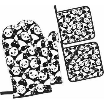 Panda bonito Preto Branco Luvas do Forno e Panela Detentores Conjuntos de 4 para Acessórios de Cozinha Resistentes ao Calor, Non-Slip Microondas para o Cozimento