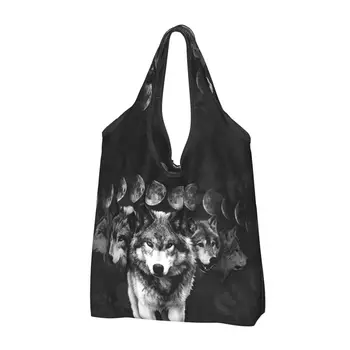 Personalizado De Animais Guias Espirituais Saco De Compras Mulheres Portátil De Grande Capacidade De Supermercado Wolf Família Tote Shopper Bags