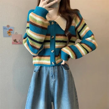 Polo Casaquinho Para Mulheres Listrado Camisola Curta coreano de Manga Longa de Malha de Top Coat Vintage Tricot Y2K Vestuário de Senhoras Knitwears