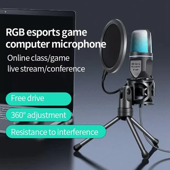 RGB Microfone Condensador de Jogos Microfone Para Gravação de Podcasts Estúdio de Transmissão Portátil da área de Trabalho do PC