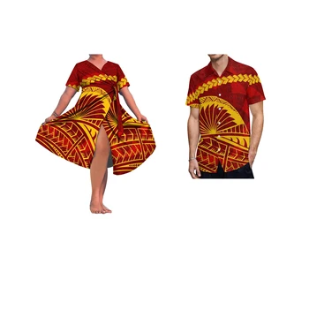Samoan Mulheres de Personalidade Lace-up Vestidos Polinésia tribos Tradicionais de Impressão Casual, Vestidos Curtos Combinar Camisa de Mens