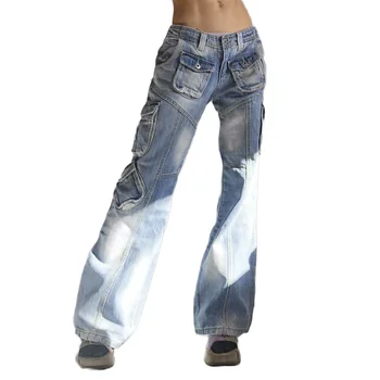 TEELYNN Casual Multi-bolso Solto Jeans para as Mulheres do Vintage de Perna Larga Azul de Algodão, Denim, Calças de Verão 2024 Boho Lavado Longa Jeans