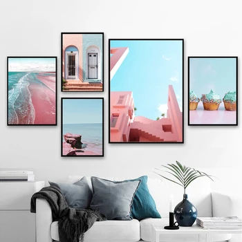 Tela HD Estampas Modernas, Figuras de Construção do Cenário cor-de-Rosa Seascape Sobremesa Arte de Parede Estilo Nórdico Pintura, Decoração Cartazes