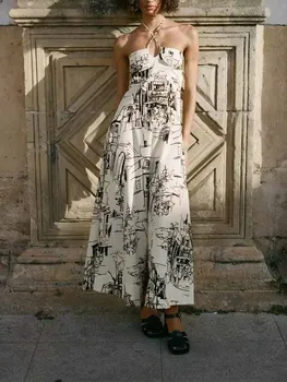 Verão nova moda feminina Europeu e Americano estilo-jogo em estilo ocidental impresso meados de comprimento halter neck vestido