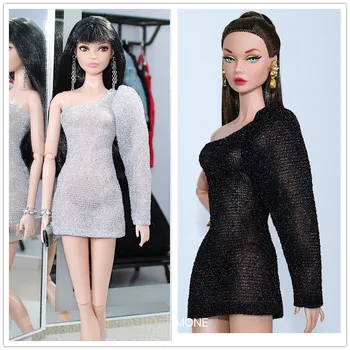 Vestido prata / design Único, camisa preta com uma manga / 30cm roupas de boneca roupa Para 1/6 Xinyi FR ST Boneca Barbie