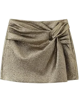 Willshela Mulheres Fashion Com Laço De Ouro Plissado Zíper Lateral Mini Saias, Shorts Vintage Cintura Alta Fêmea Senhora Chique Shorts