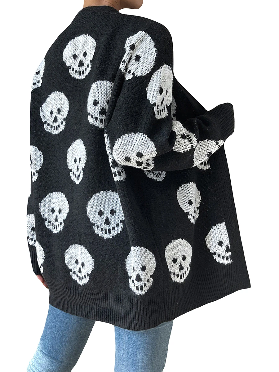 As mulheres s Halloween Manga Longa Frontal Aberto Casaquinho de Crânio de Esqueleto de Impressão Blusas de Malha Queda Casual Outwear Casaco