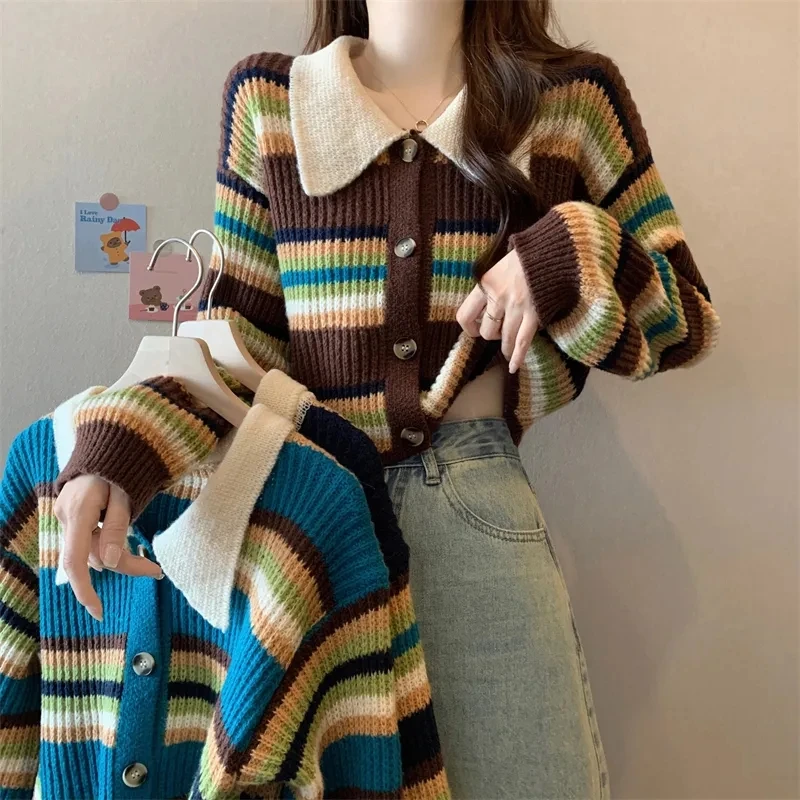 Polo Casaquinho Para Mulheres Listrado Camisola Curta coreano de Manga Longa de Malha de Top Coat Vintage Tricot Y2K Vestuário de Senhoras Knitwears